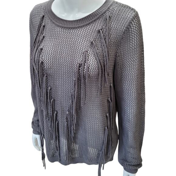 New York & Company Gray Fringe Tassel Open Knit Sweater Womens Large Semi Sheer - Picture 1 of 10